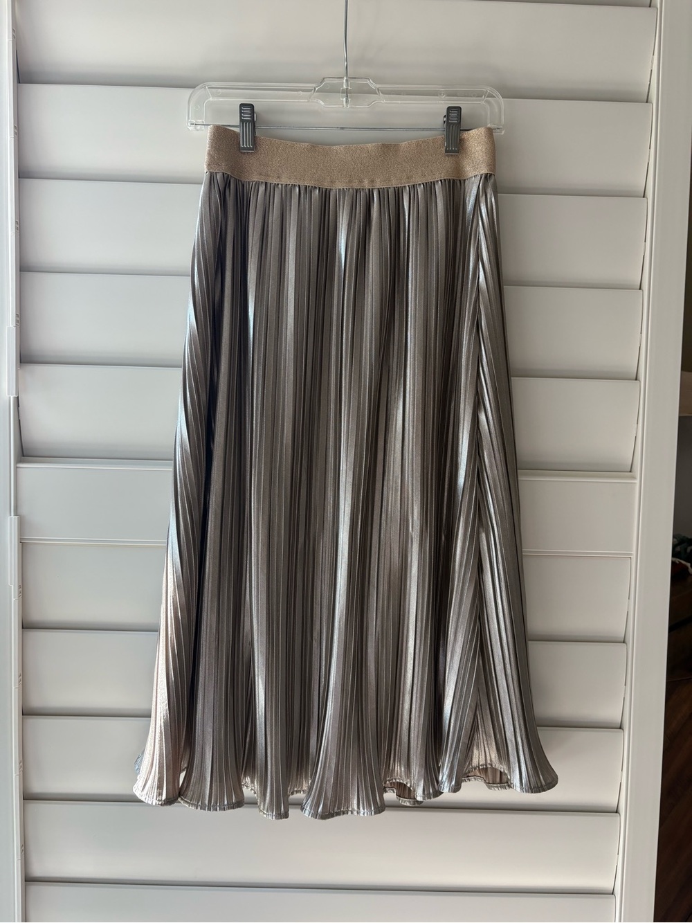 Metallic Pleated A-Line Midi Skirt in Taupe